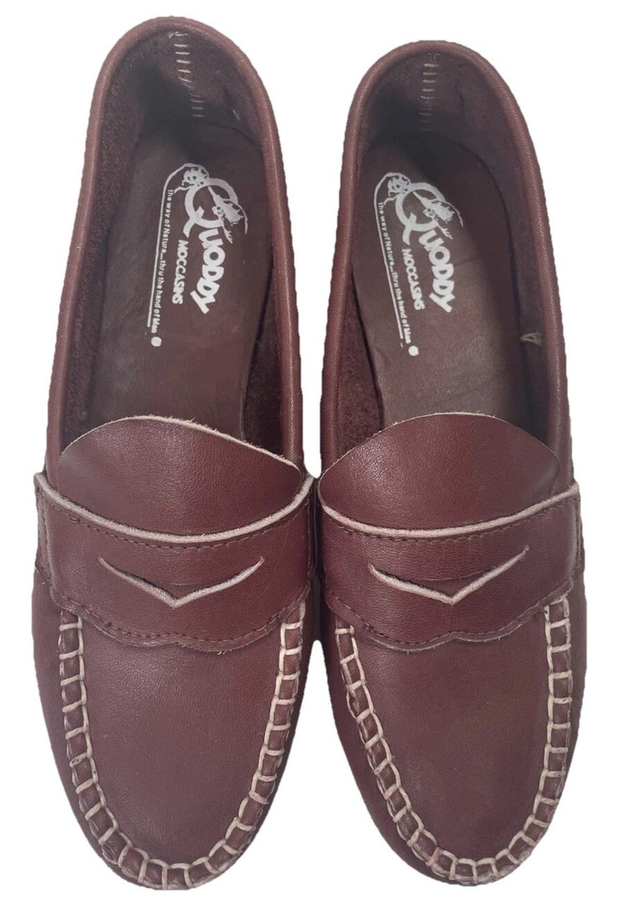Quoddy Leather Penny Loafer Moccasins Made in USA Burgundy Vibram Sole Sz 5-5.5